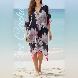 Floral Swimsuit Cover-Up Hot Pink Tassels Poncho Kimono Duster